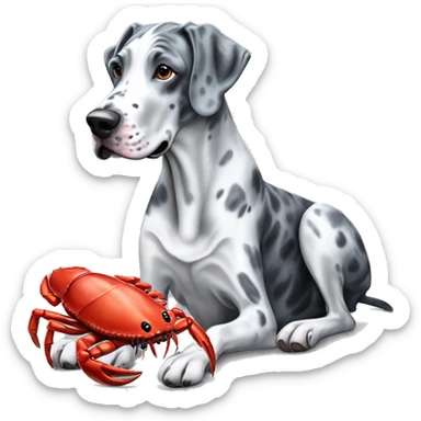 Blue Merle Great Dane eating red crab sticker