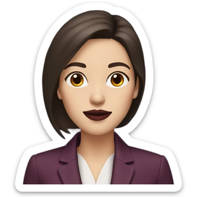 a white woman, dark brown straight hair, wearing marsala lipstick and using a purple blazer sticker