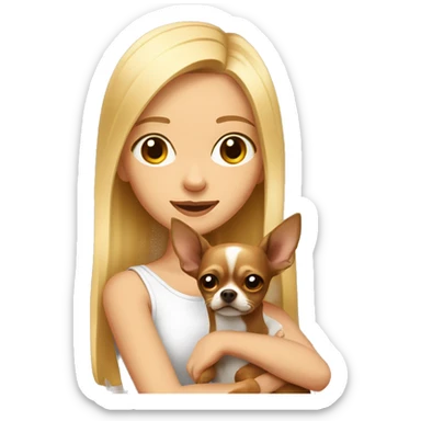 A blonde girl in her arms with a brown Chihuahua dog sticker