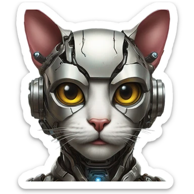 Cyborg cat in Iron Man style, oil paint, mysterious eyes, intricate lips, masterpiece portrait , odd perspective, beautiful, desirable, logical sticker