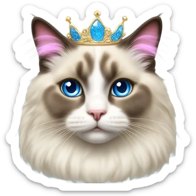 Realistic ragdoll cat with blue eyes wearing pink and gold tiara sticker