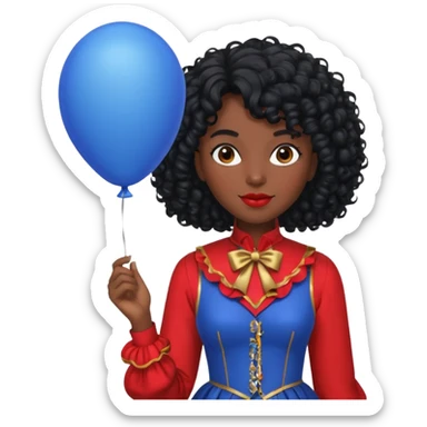 woman with curly black hair and dark face red costume, holding blue balloon sticker