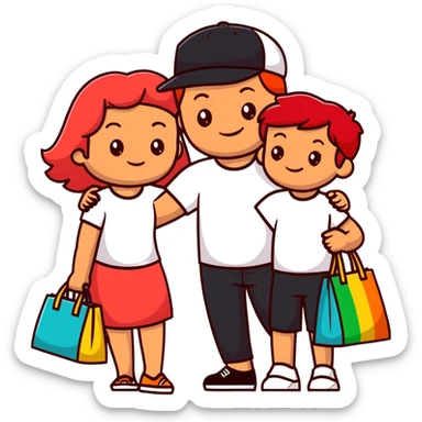A happy family of four - father in white t-shirt and cap, mother with red hair in coral dress, young daughter in matching dress with rainbow handbag, teenage son in light embroidered shirt, all smiling together sticker