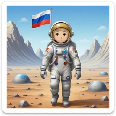Cosmonaut walking on a planet surface, wearing a spacesuit with Russian flag, light hair and light skin visible through helmet sticker