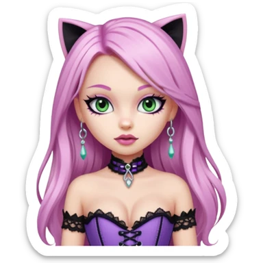 pretty bratz girl, long straight LIGHT pink HAIR, jade kitten eyes, black eyeliner, pale skin, purple corset clothes with laces sticker