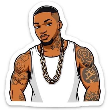 black man with tattoos, wearing a chain and grills sticker