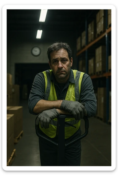a tired warehouse worker in his 40s, wearing a reflective vest and work gloves, stands under harsh fluorescent lights in a large, dimly lit warehouse. He leans on a pallet jack, eyes heavy with fatigue and dark circles under them. Stacks of boxes and shelves loom in the background, and a wall clock shows it’s the middle of the night. The mood is somber and empathetic. sticker