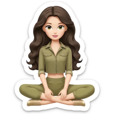 A white Barbie girl with long dark brown wave hair in a pale olive clothes Sitting on the splits sticker