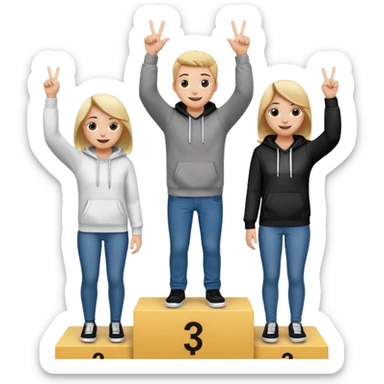 three people in jeans and hoodies on a winners podium, black and white, center step higher, no numbers, center person holding up one finger on each hand, left person holding up two fingers on each hand, right person holding up three fingers on each hand, cheerful expressive emoji style sticker