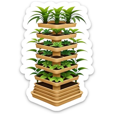 Very Large alien-futuristic multi-tier multi-level square-sided plant rack, which holds thirty-five plants, constructed from plywood sticker