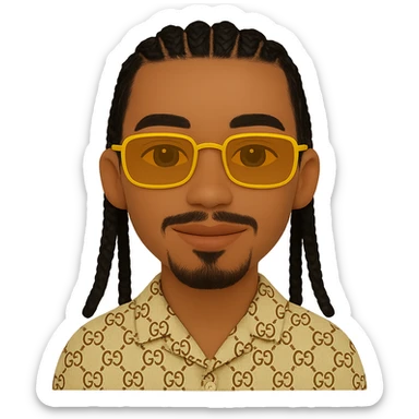 Create an emoji style smiley with a thin face, slightly lighter skin tone, beard only on the chin and a small mustache under the nose (no beard on the cheeks). The hair is black with very detailed braids as shown in the reference photos. The character wears rectangular golden sunglasses and a beige top with a GG pattern and visible collar. The background should be transparent. The details of the braids and face should be faithful to the reference photos. sticker