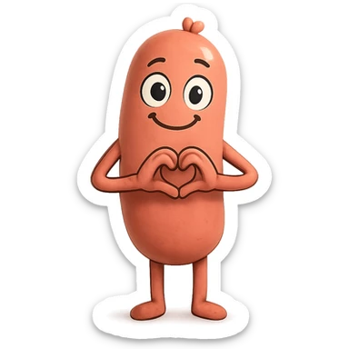 a smiling sausage-shaped humanoid with a pinkish-orange body, simple arms and legs, big eyes, and a happy smile, forming a heart with its hands sticker