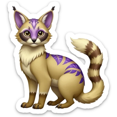 banana-cream-colored fur base coat, with violet-pointed, tropical tribal glorious divine exotic cute cool beautiful beautiful fantasy-caracal-civet-genet-sergal-vernid-Gryphon-Cacomistle-Trico-oncilla-animal-Fakémon-hybrid-fursona (full body) sticker