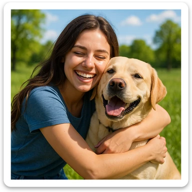 brunette girl hugging a yellow labrador dog, cheerful atmosphere, bright and happy outdoor environment sticker
