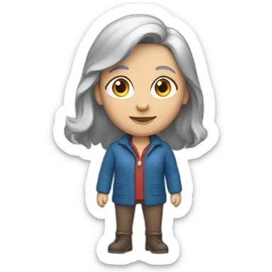 28 old women, white skin, long brown-blond hair, blue eyes, red shirt in a gray jacket sticker