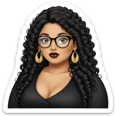 big plus size, latina, darker tan skin, long black curly hair, baddie,pretty, makeup, lipgloss, black eyeliner, long hair, stud gold earrings, black top, black glasses sticker