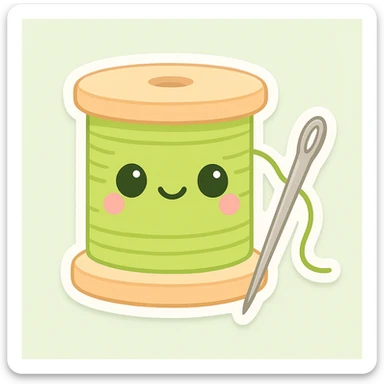 Add a sewing needle next to the lime green spool of thread. Keep the style cute and friendly, consistent with chibi stickers style. sticker