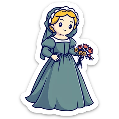 Ophelia from Shakespeare's Hamlet looking distressed, scattering flowers, wearing a medieval gown, based on both the tragic character and Millais' painting sticker