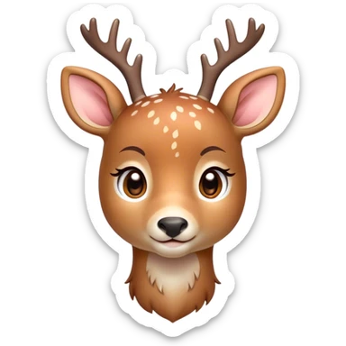 Cinematic Cute Deer Portrait Emoji, Head tilted playfully and inquisitively, showcasing a delicate coat speckled with subtle white spots and gentle earth tones, round, sparkling eyes filled with curious wonder, Simplified yet irresistibly adorable features, highly detailed, glowing with a warm, friendly glow, high shine, affectionate and graceful, stylized with a touch of woodland whimsy, bright and endearing, soft glowing outline, capturing the essence of a mischievous yet loving fawn, so playful it feels like it could skip out of the screen into your arms! sticker