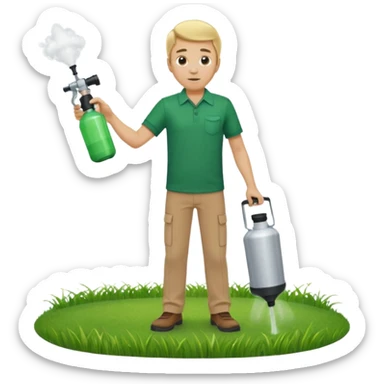 man blonde hair and no hat with a emerald green shirt and tan pants on carrying chemical sprayer and pointing it downwards to spray at bright green grass sticker