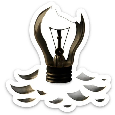 Show a broken lightbulb with exposed filament and scattered glass in a moody atmosphere. Maintain a transparent background. Focus on the moody lighting and scattered glass details around the exposed filament. sticker