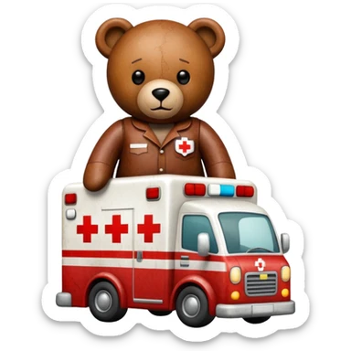 a leather teddy bear inside an ambulance driving an ambulance sticker