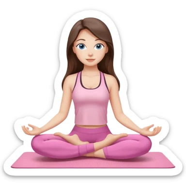 Brunette long hair and blue eyes yoga beautiful girl in light pink pink pink clothes sitting on a yoga mat sticker