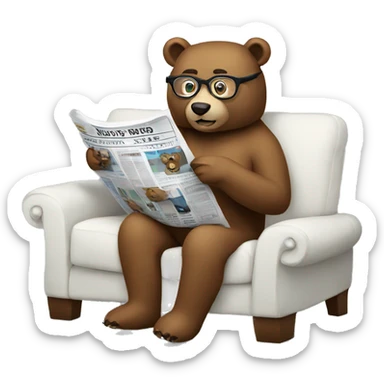 bear sitting on couch wearing glasses reading newspaper sticker
