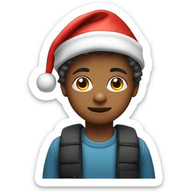 A kid wearing a santa hat with a iphone sticker