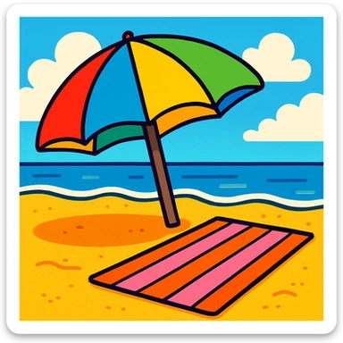 colorful beach umbrella and towel on sand, bright and cheerful style sticker