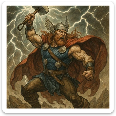 Thor, Norse god of thunder, with hammer, in a dynamic pose, detailed illustration sticker