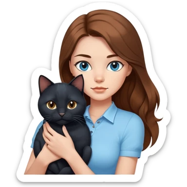 A sexy girl with long hair wearing a light blue tight short-sleeved shirt holding a black cat sticker