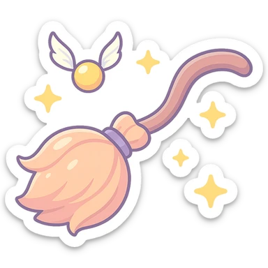 Edit the witch's broom to have a curved handle, a voluminous broom head with smooth lines and no rough division into twigs. Add some small stars around the broom. Use thin, clean contours and soft rounded shapes in a pastel palette with colors #98B5BC, #B5B3C1, #C9A3C9, #E4C0CA, #F7DCD1, #F7C0AA. The style should reflect modern Japanese pop art and sticker aesthetics with detailed shadows and highlights, soft lighting, and a transparent background. sticker