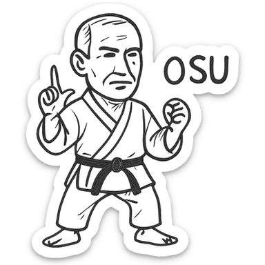 Make the Kyokushin karateka older with mature facial features, place him in the 'osu' position, keep the white gi, black belt, and 'osu' text in the same hand-drawn style. sticker