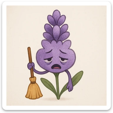 cute soft purple lavender flower holding a small broom, showing a very tired expression sticker
