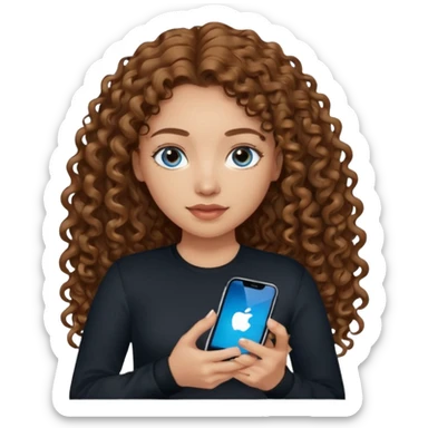 generate a pretty woman with blue eyes, light skin and medium brown long curly shiny hair holding an iphone she is looking at the phone and holding it in her hand. she is wearing an ALL black long sleeve sticker