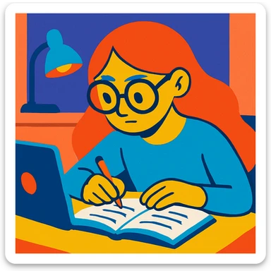 a girl with long hair and specs, concentrating on her work, vibrant cartoon style sticker