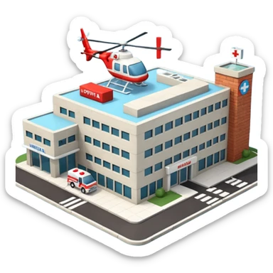 3d hospital outside, with text hospital, ambulance, helicopter , no background sticker