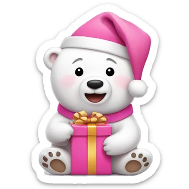 Happy pink polar bear with a Santa hat and holding a tiny pink gift sticker