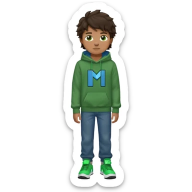 a 14 year old slightly tanned teenage boy with dark brown tousled wavy hair, dark brown eyes wearing a green tshirt, a dark green minecraft hoodie, blue jeans and green nike air jordans sticker