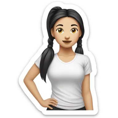 A asian girl with black pony tail white tee shirt yoga sticker