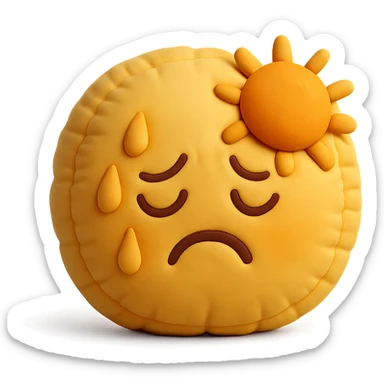 plush face with sweat and sun, hot weather, warm colors, soft cushion style sticker