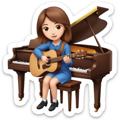 A girl with brown hair sitting at a piano and playing guitar sticker