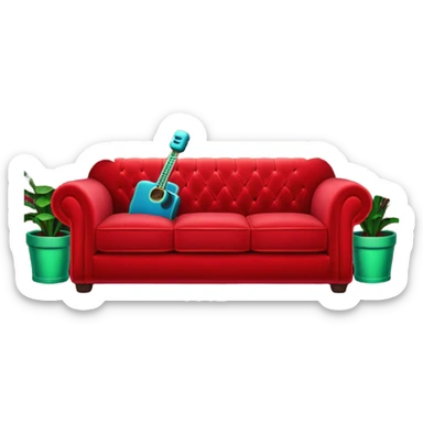 front view of a red velvet couch with a mic in front, houseplants in the background, and a neon sign directly above the couch that says "karaoke" sticker