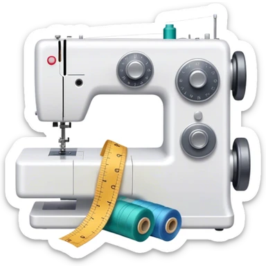 Sewing icon, sewing machine with thread, visible needle, spools of thread, fabric pieces cut according to patterns, scissors, and measuring tape, a piece of clothing in progress, minimalistic style, clean lines, transparent background. sticker