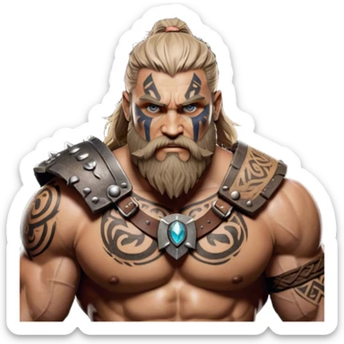 Clash of Clans aesthetic: Cinematic Rugged Barbarian Portrait Emoji, Intense and formidable with a heavily muscled physique, a rugged beard, piercing eyes and battle-worn armor adorned with tribal markings, his complexion a light tan that speaks of hard-fought battles, Simplified yet powerfully detailed features, highly detailed, glowing with a deep, primal energy, high shine, gritty and uncompromising, stylized with an air of raw, untamed power, focused and determined, soft glowing outline, capturing the essence of a barbarian warrior carved by countless battles and poised to lead his clan into epic conflict! sticker