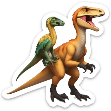 A feathered Utahraptor riding another feathered Utahraptor sticker