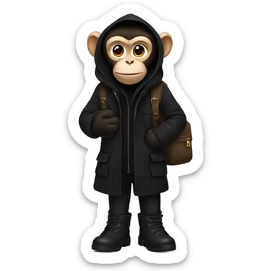 Monkey wearing black wool coat black ugg boots and a black backpack sticker