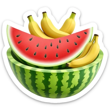 A simple 3D color illustration of a fruit bowl with watermelon, banana with realistic shading and texture, on a pure white background. sticker