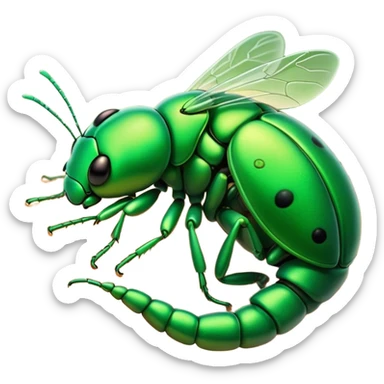 Meme-Worthy Cute Sleeping Green Bugdie Portrait Emoji, Head resting peacefully with a contented smile, showcasing a tiny, endearing build and a luxuriously smooth emerald exoskeleton, eyes shut in a serene nap, Simplified yet hilariously adorable features, highly detailed, glowing with a soft, drowsy light, high shine, relaxed and utterly lovable, stylized with an air of playful laziness, bright and heartwarming, soft glowing outline, capturing the essence of a comically sleepy insect, so meme-worthy it feels like it could instantly become the next viral sensation of adorable slumber! sticker